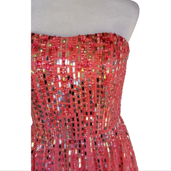 Jolene Stunning Coral Sequin Rhinestone Corset Back Strapless Gown Size 8 - Picture 3 of 7